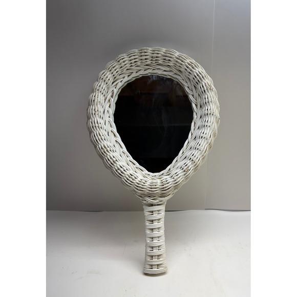 Other - Vintage White Wicker Hand Mirror Woven Rattan Paddle Vanity Mirror Cottagecore